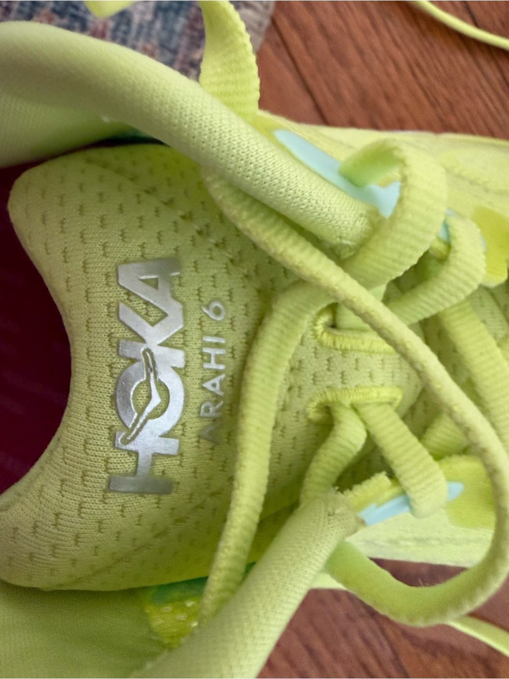 Women’s Hoka Arahi 6 Neon Yellow Athletic Running Shoes with Orange Accents - Picture 6 of 9